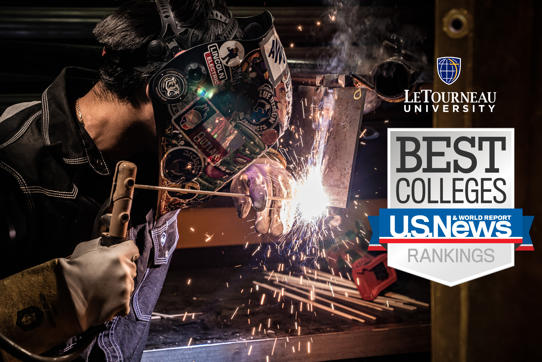 A student using a welding torch with a US News and World Report Best Colleges logo overlaid